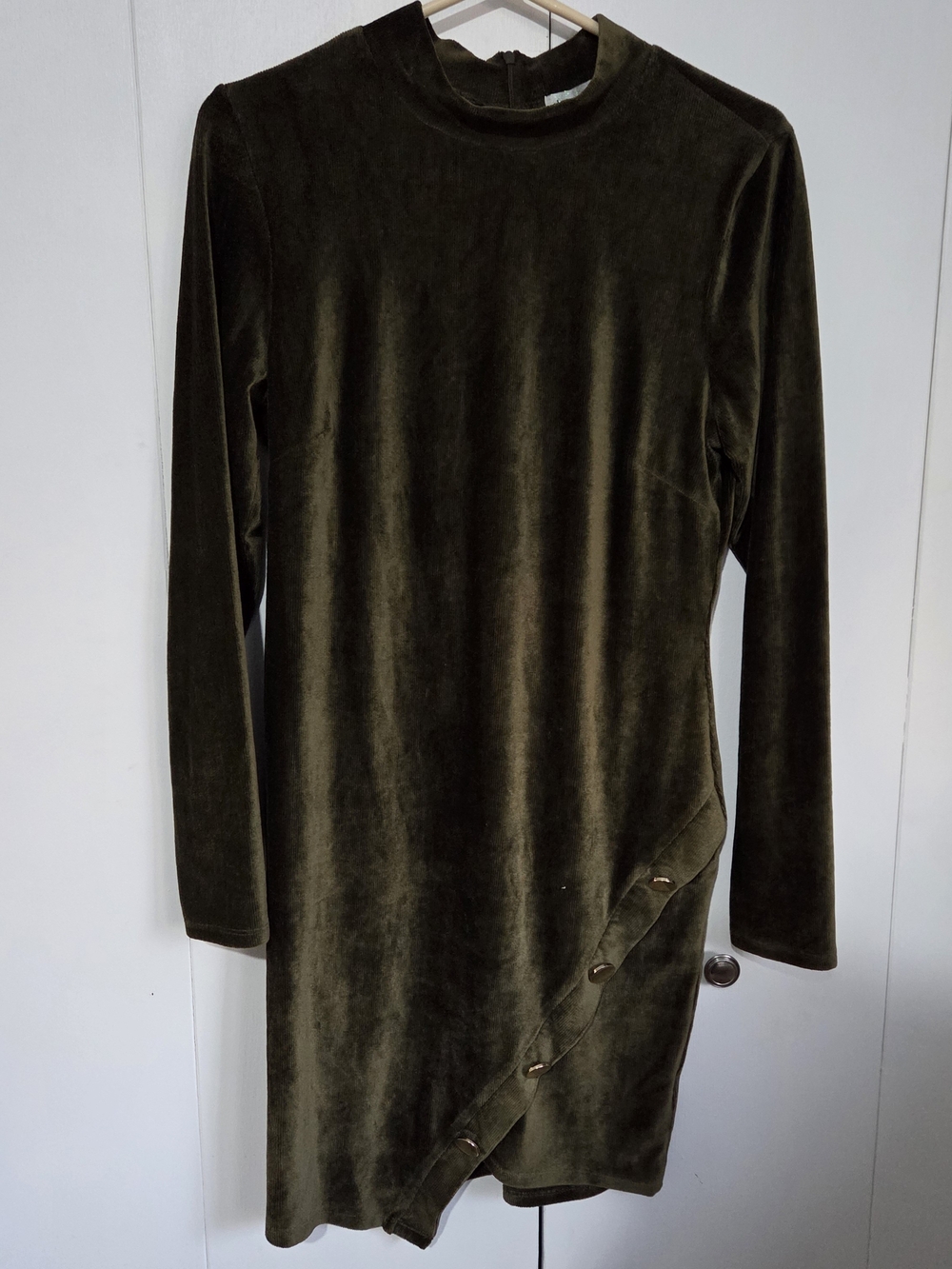 Almost Famous Olive Green Asymmetrical Velvet Dress with Button Accent